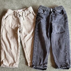 3T Zara Boys Pants- Green Khaki and Black Distressed Jeans- 100% Cotton